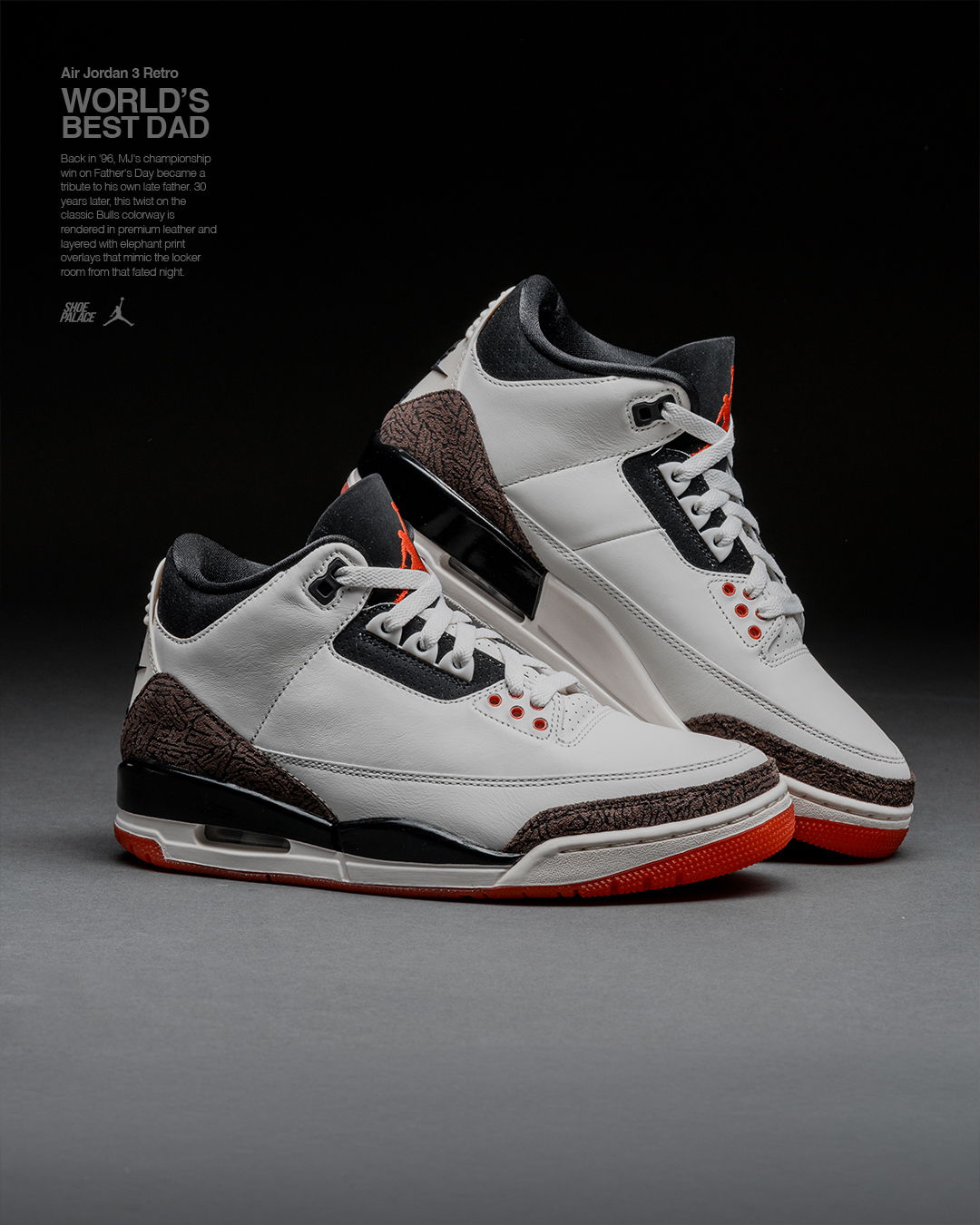 A pair of white and black sneakers with red accents.