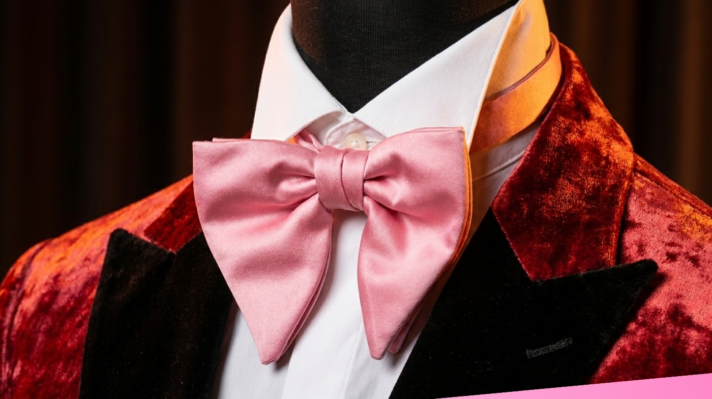Asmodeus Helluva Boss cosplay costume detail showing red black velvet pink bowtie and white collar