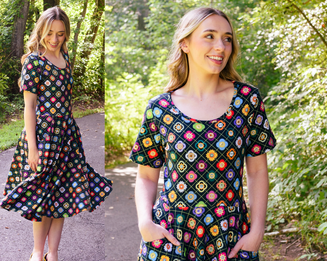 Model twirls in the twirl dress - showing off the gears print that stand for the kindness revolution
