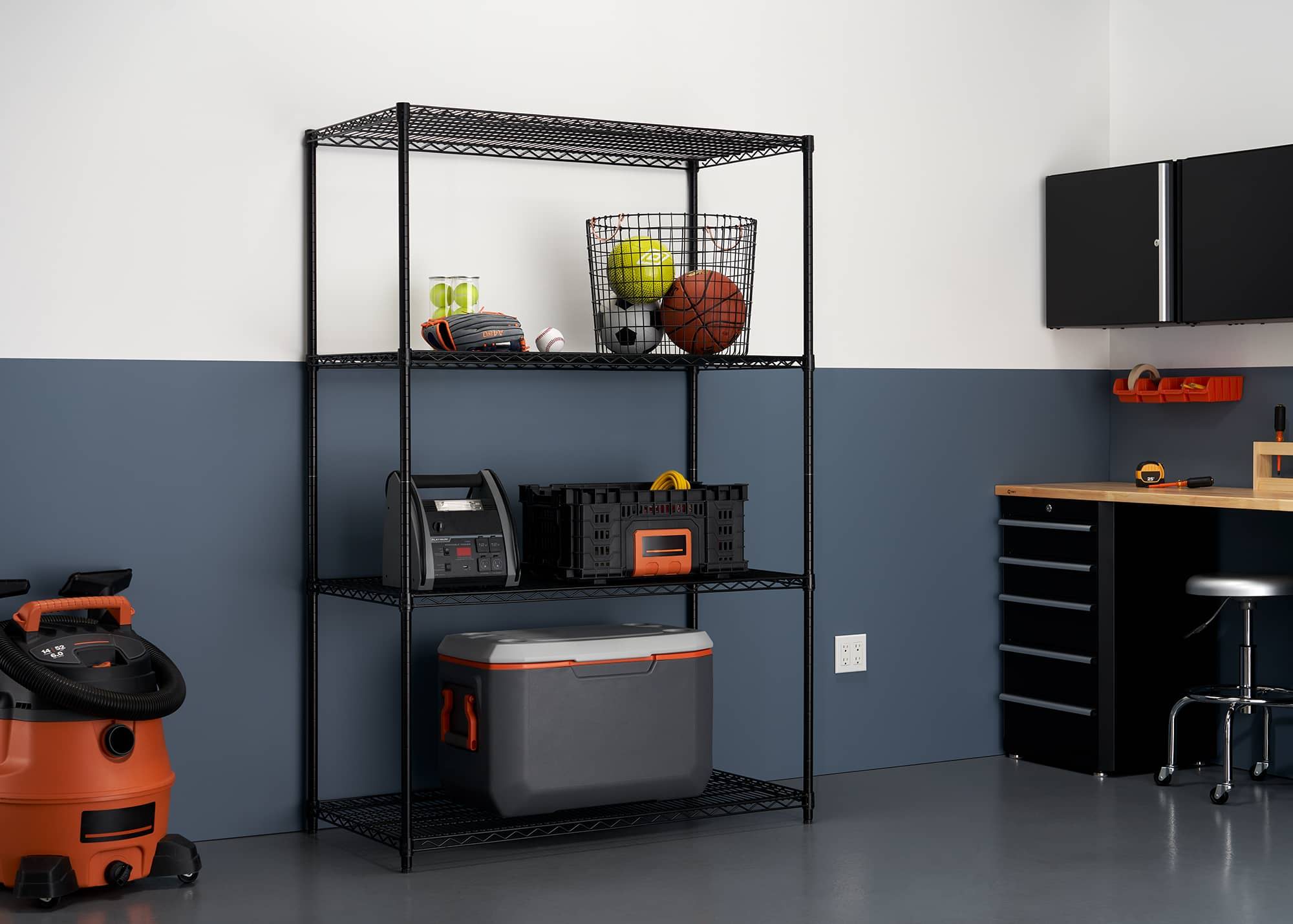 wire shelving rack in a garage filled with sports equipment