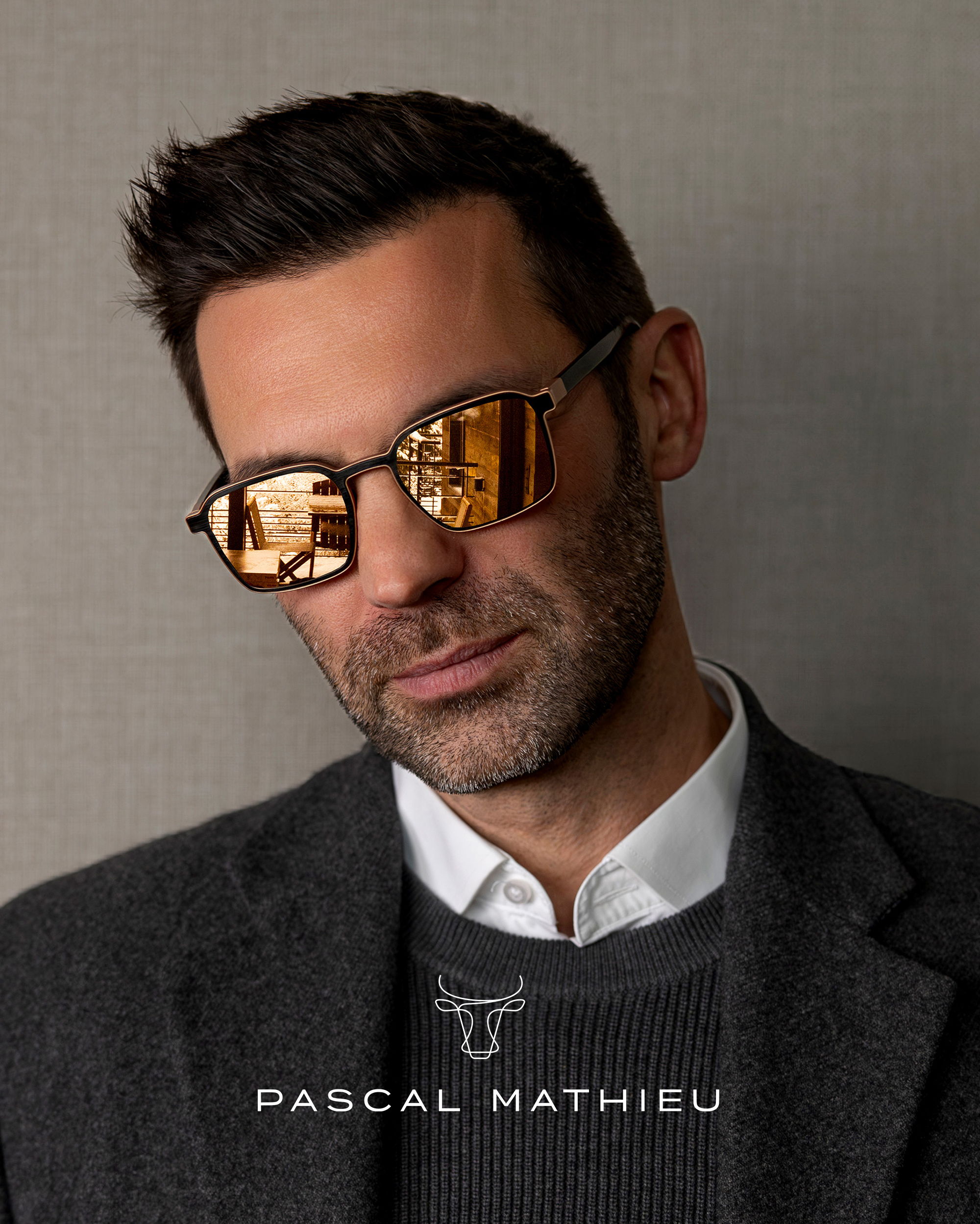 Man wearing Pascal Mathieu sunglasses and a stylish outfit