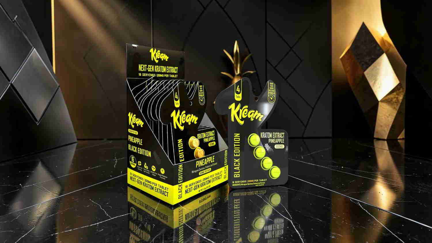 Black and yellow product boxes on a reflective surface with geometric background.