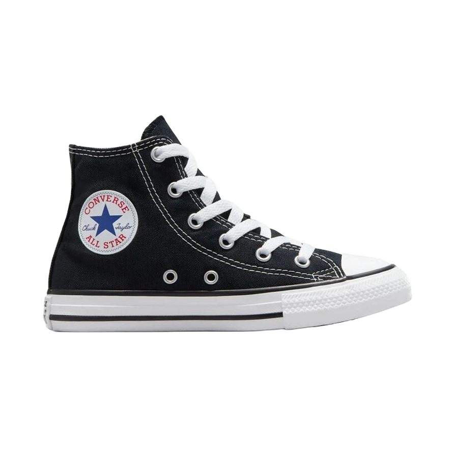 Black high-top Converse sneaker with white laces and logo.