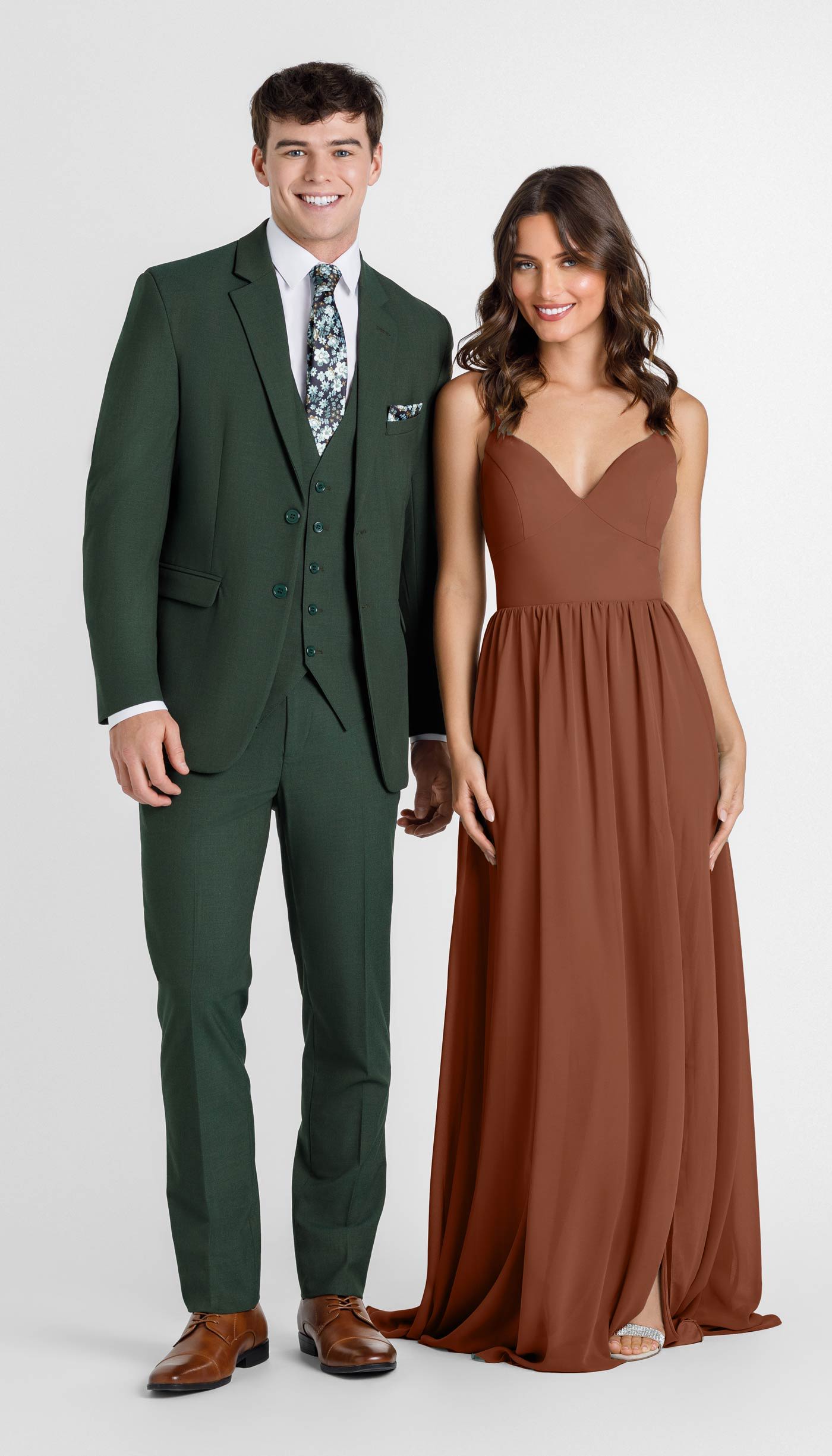 Olive Green Suit with Burnt Orange Bridesmaid Dress