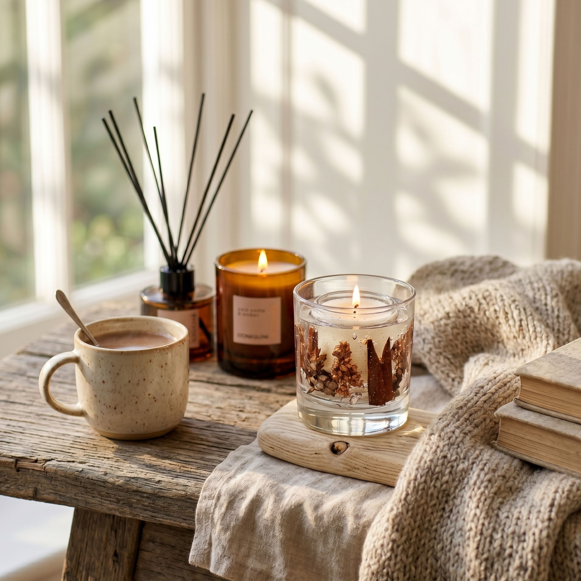 A cozy setting with a candle, mug, and books on a wooden table.