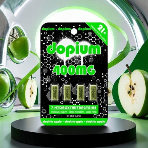 Dopium 400mg packaging with green apple theme and capsules inside.