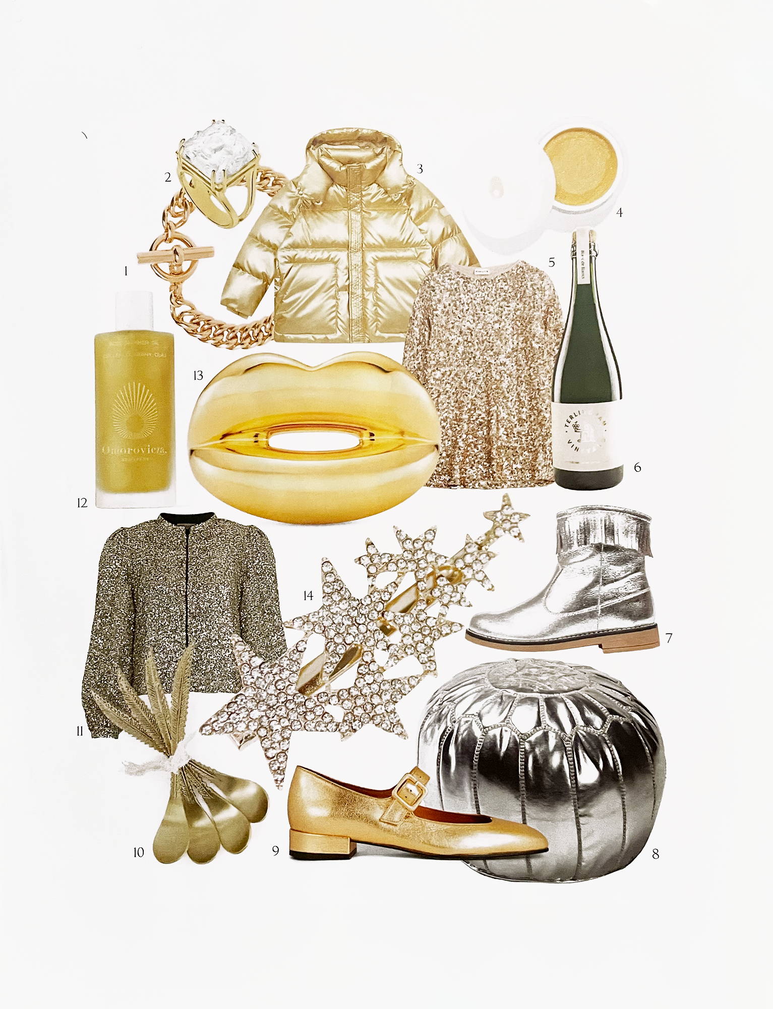 A collage of yellow/gold products from Red Magazine featuring our gold Farrah sequin top