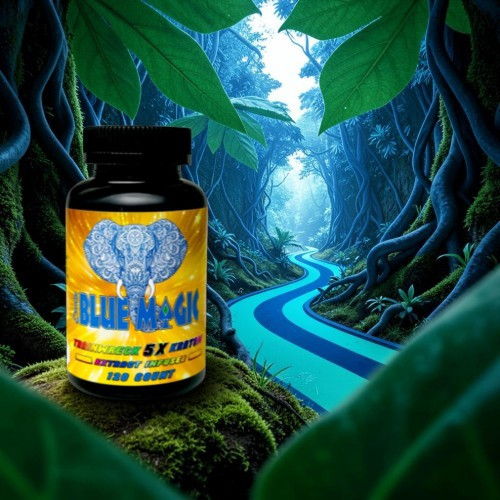 Bottle of Blue Moon supplement in a jungle landscape.