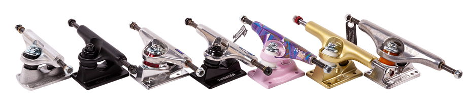 Here are a variety of skateboard trucks of different sizes from brands Independent, ACE, Krux, Thunder, Venture, Sushi and Bullet.