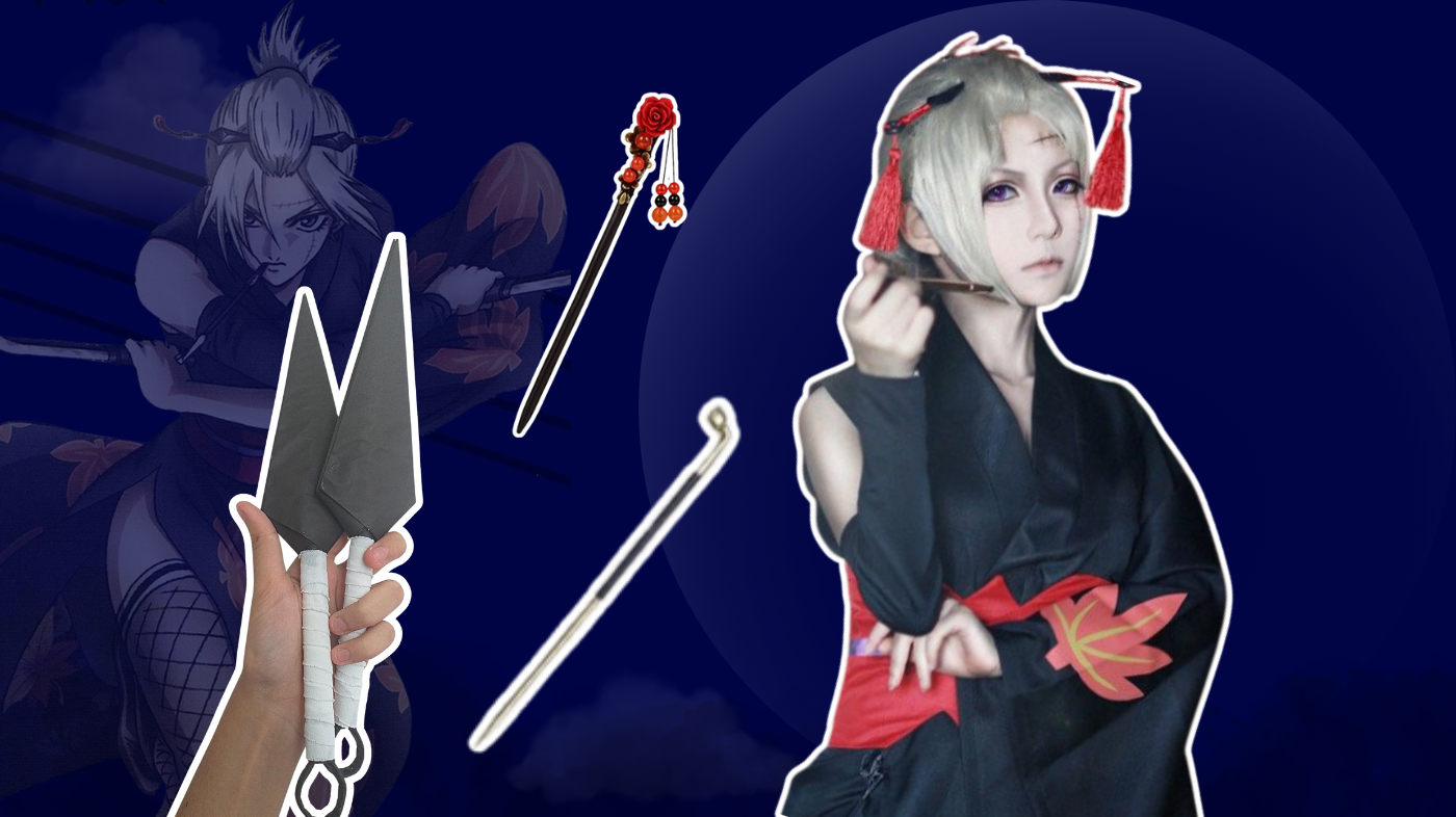 Tsukuyo cosplayer holding kunai props in Gintama-inspired costume with purple kimono