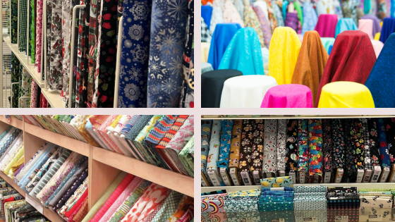 collage showing different quilting fabrics in a store setting