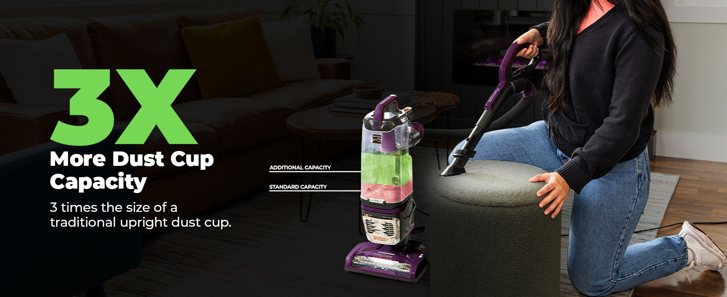 Woman using a vacuum cleaner with highlighted dust cup capacity feature.