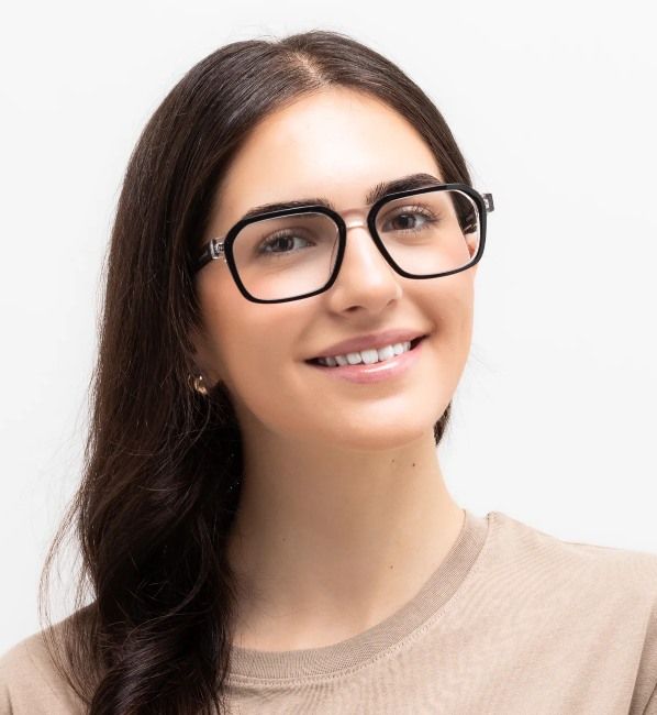 woman with round face wearing Haya geometric eyeglasses on a white background
