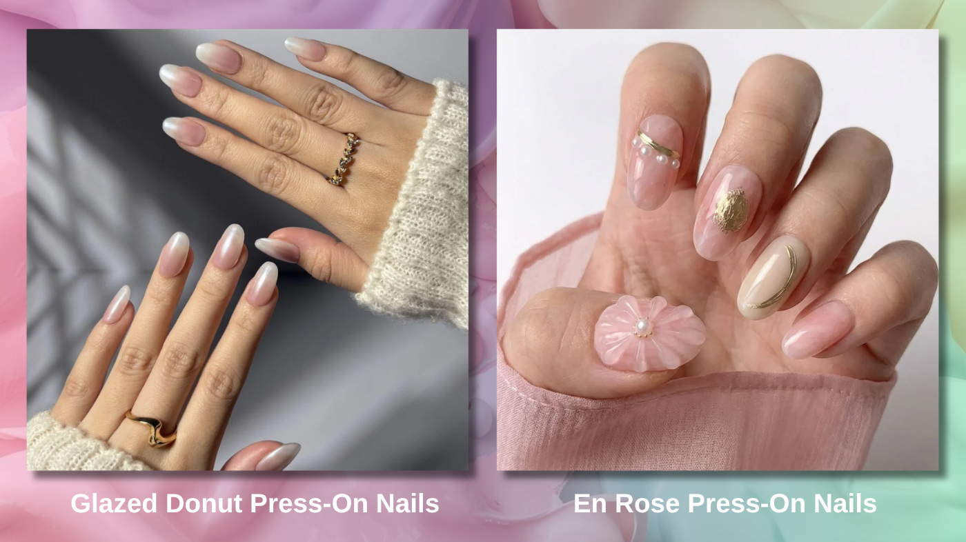 Soft pink pastel manicure using EyeCandys Glazed Donut and En Rose press-on nails for elegant glossy nude and blush nail look