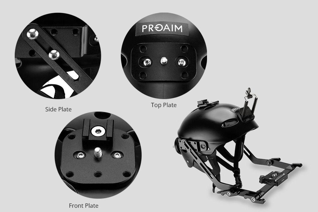 Proaim Surfer Helmet Rig side plate, top plate and front plate mounting points