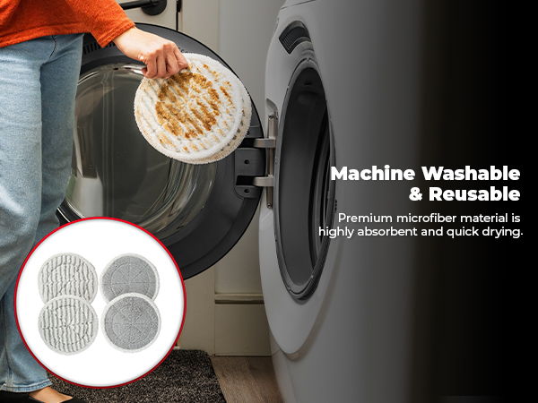 A person places dirty mop pads into a washing machine. Text about machine washable and resusable pads.
