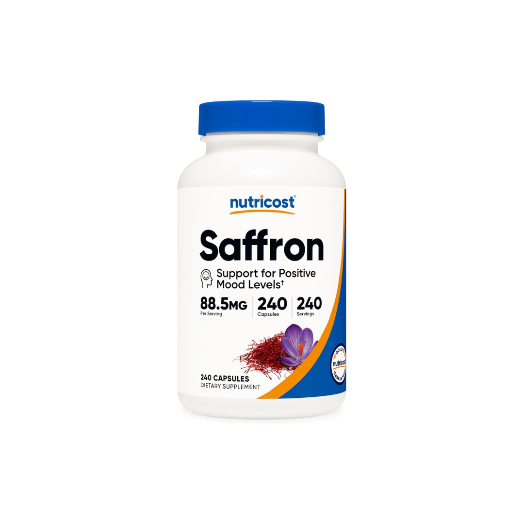 Saffron supplement bottle with blue lid and white label, supporting positive mood.