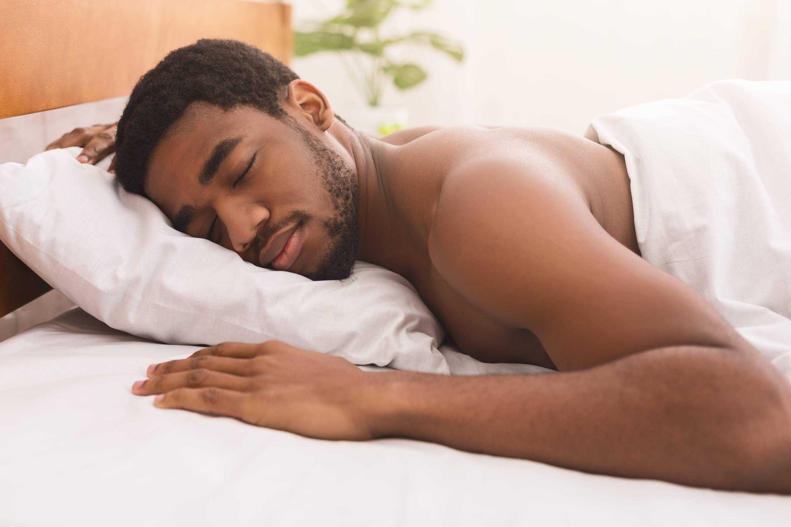 Man sleeps on his front on a bed in the daytime. An out of focus plant is in the background.