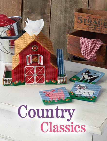 Country Classics. Image: Barn Plastic Canvas Coasters