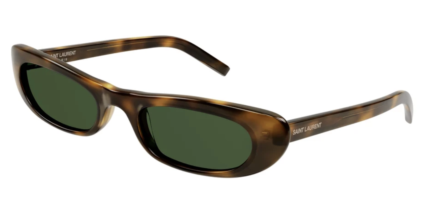 Tortoiseshell sunglasses with green lenses and sleek design.