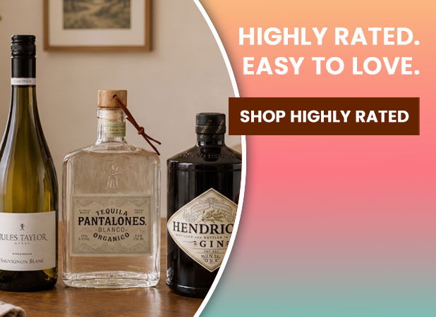 Bottles of wine and spirits with promotional text on a colorful background.