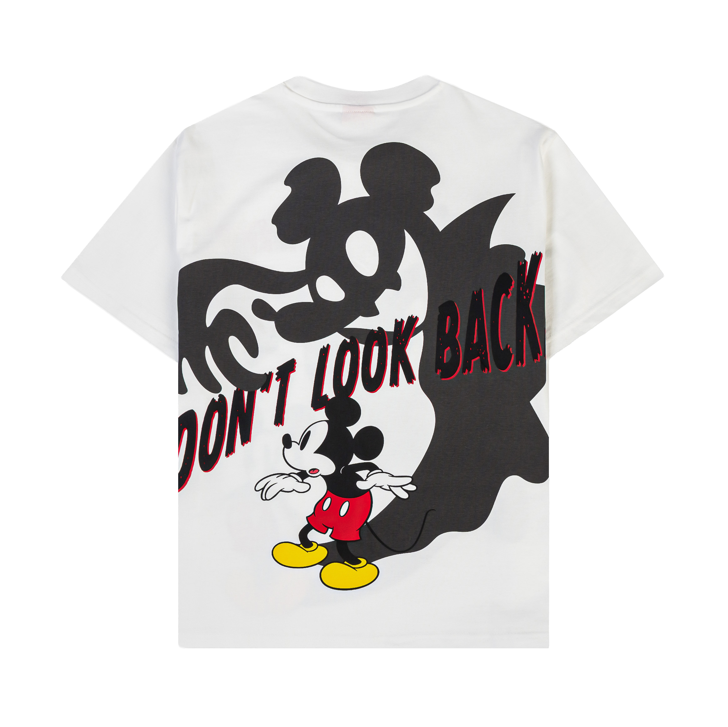 White t-shirt featuring Mickey Mouse with a spooky shadow design.