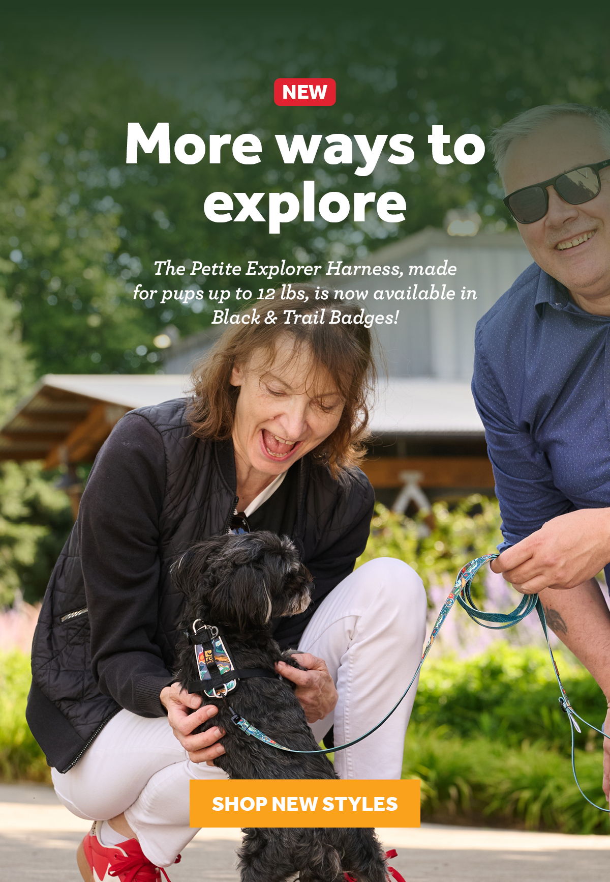 Woman and man with dog, promoting a pet harness for exploration.
