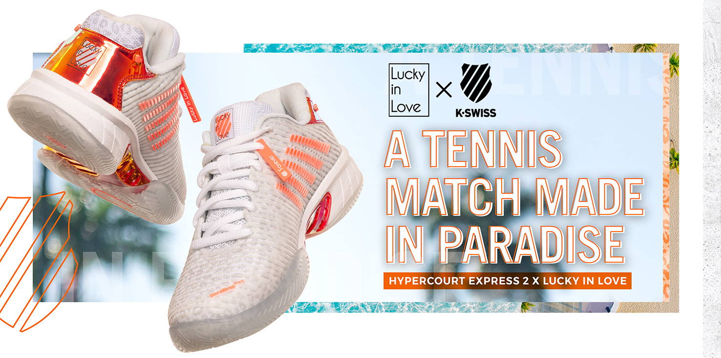 Image of hypercourt Express 2 X Lucky in Love. Lucky in love and K-Swiss Logo. Text: A tennis match made in paradise. Hypercourt express 2 X lucky in love.