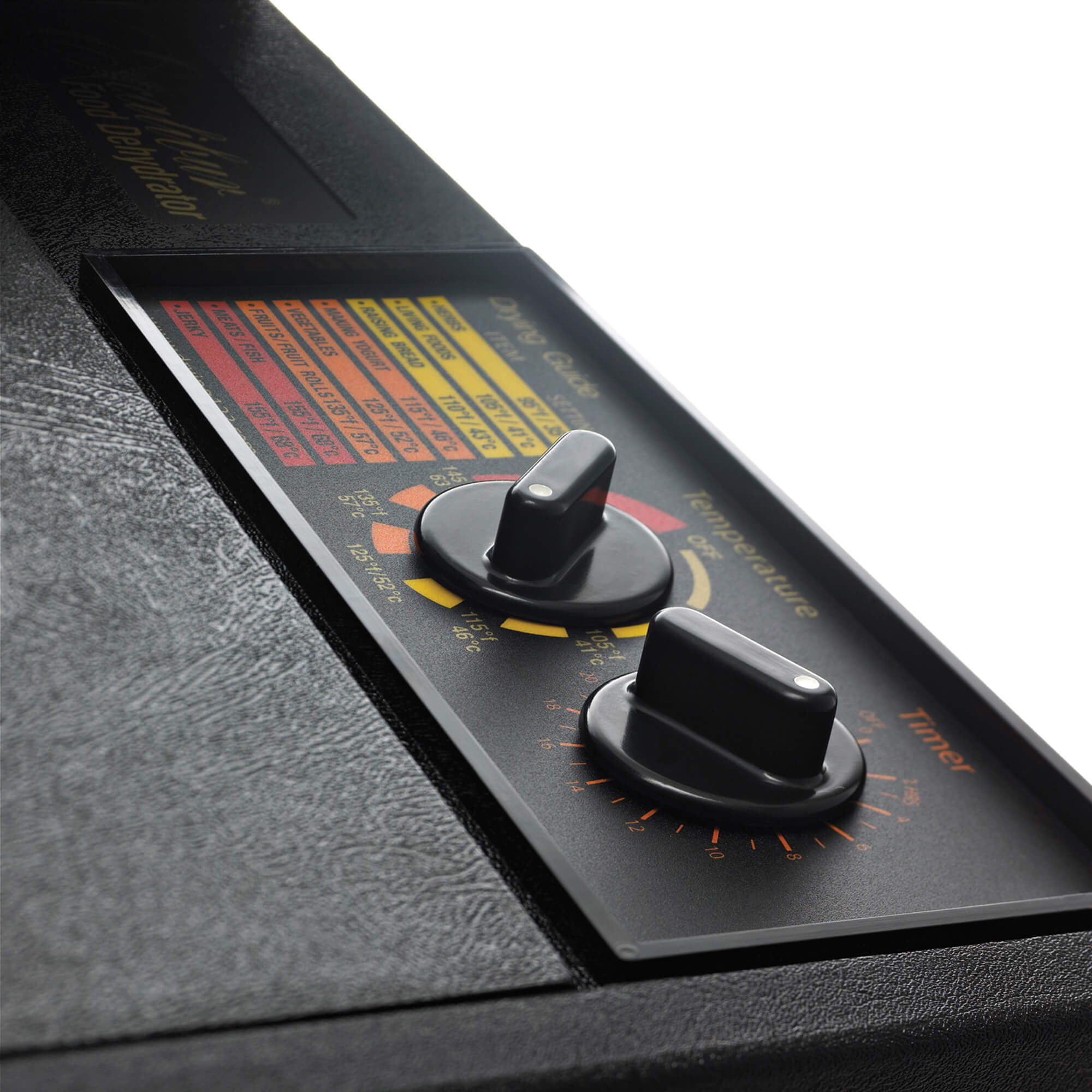 Close up view of the Excalibr 4926T 9 tray dehydrator control knobs.