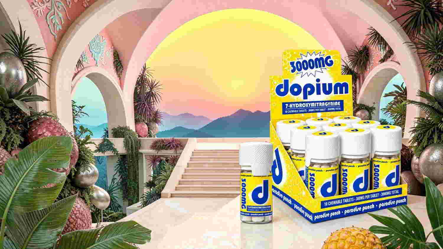 Product display of Dopium in a tropical landscape setting.