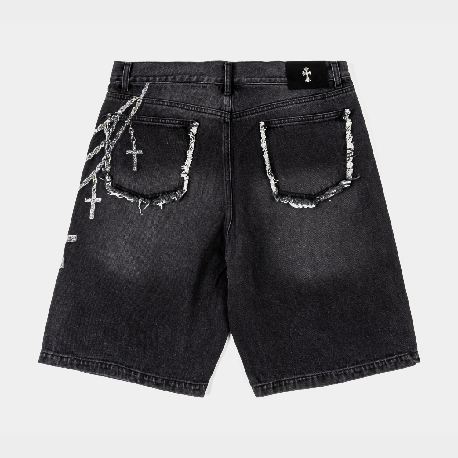 Black denim shorts with cross embellishments and chain design.