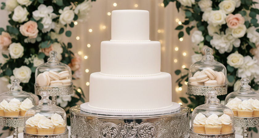 Three-tier white wedding cake on a silver stand with macarons and cupcakes in cloches.