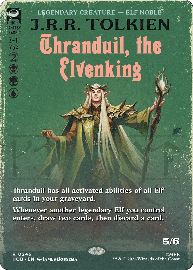 The card Thranduil the Elvenking from the MTG The Hobbit crossover with the Book Cover alternative art treatment