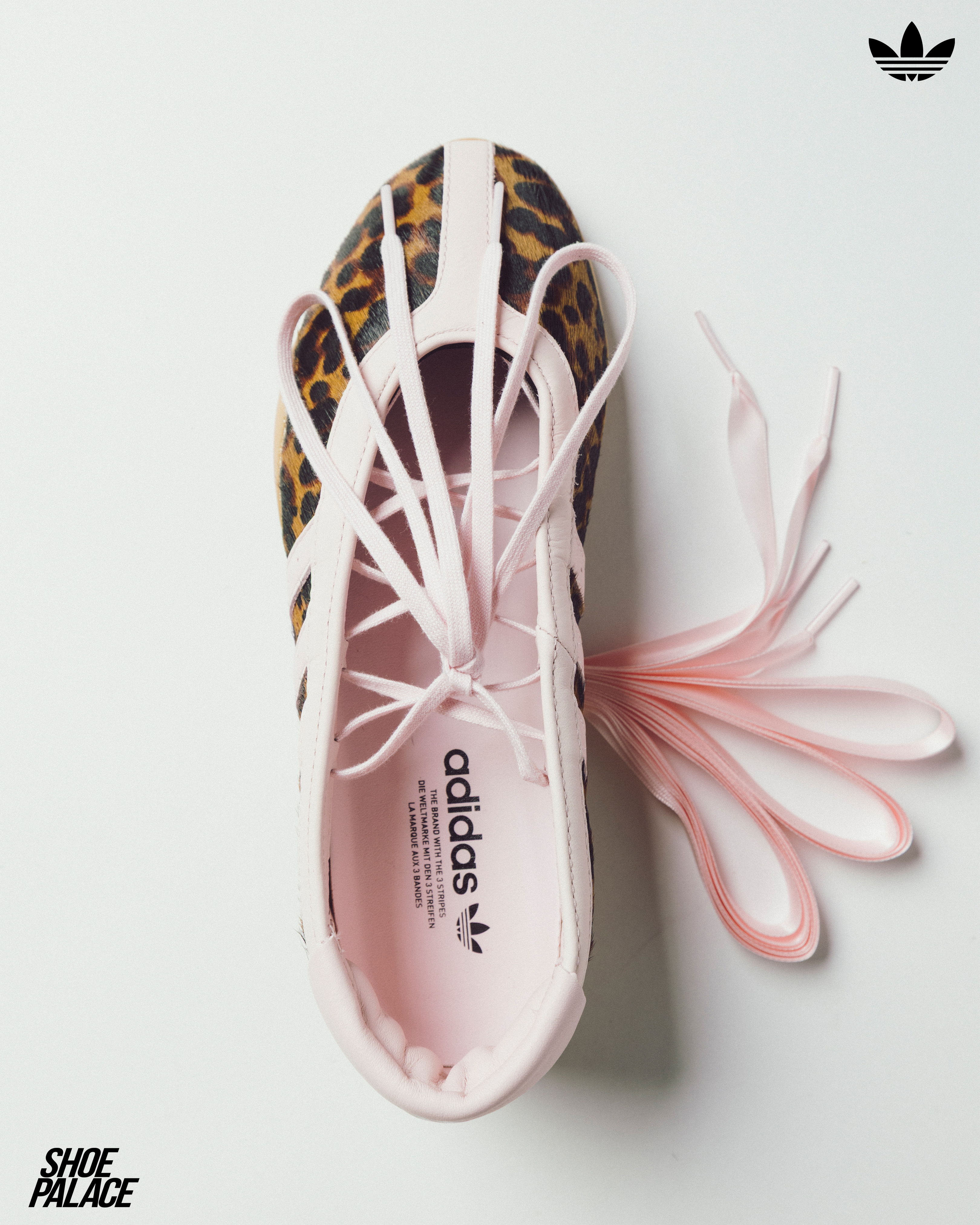 Top view of a leopard print Adidas shoe with pink laces.