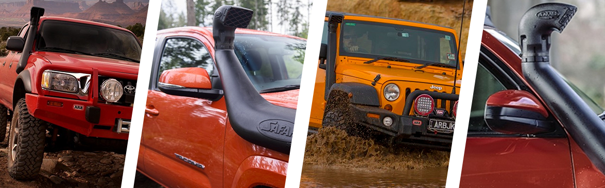 Photo collage of various off-road vehicles with hood scoops and snorkels.