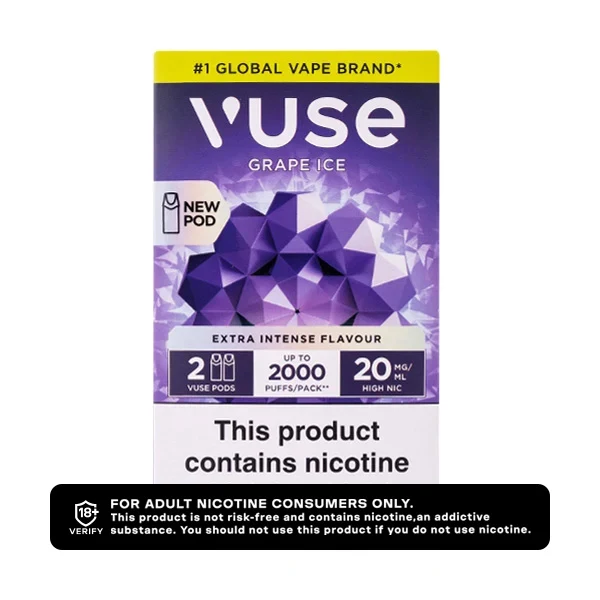 Vuse grape ice vape pod packaging with nicotine warning.