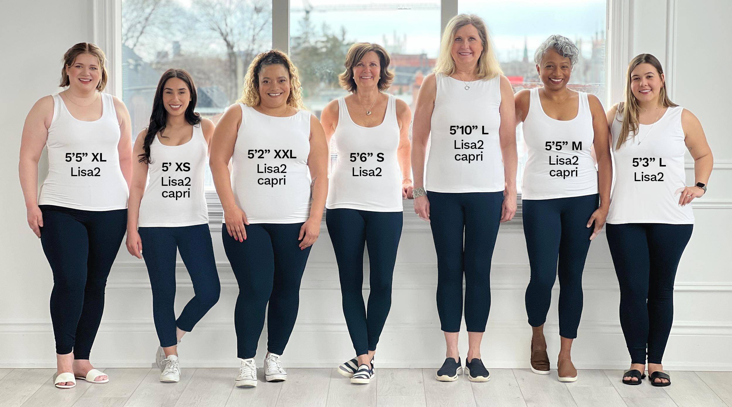 Group of women of different sized bodies wearing Miik sustainable leggings with their sizes written on their top