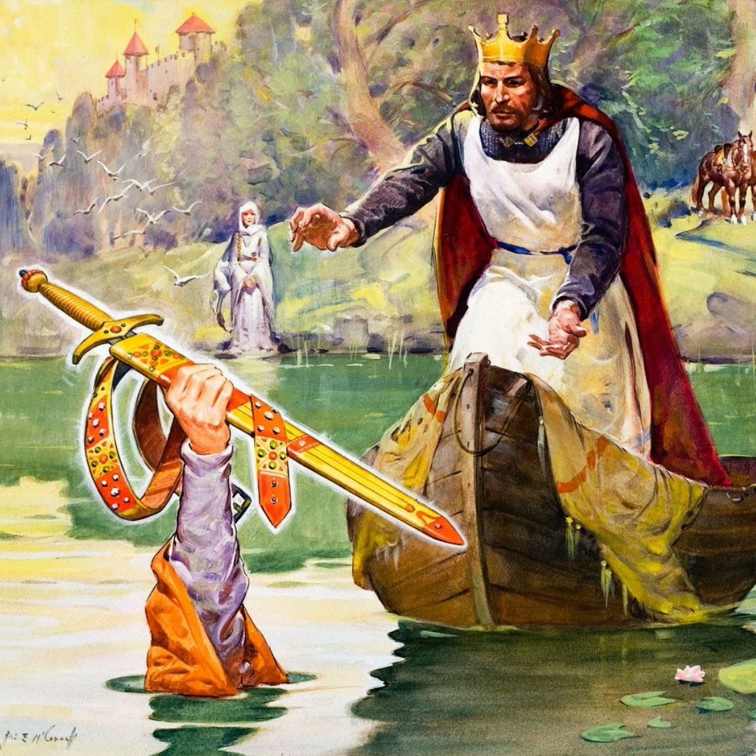A king retrieves a sword from a lake, with a figure in a boat.