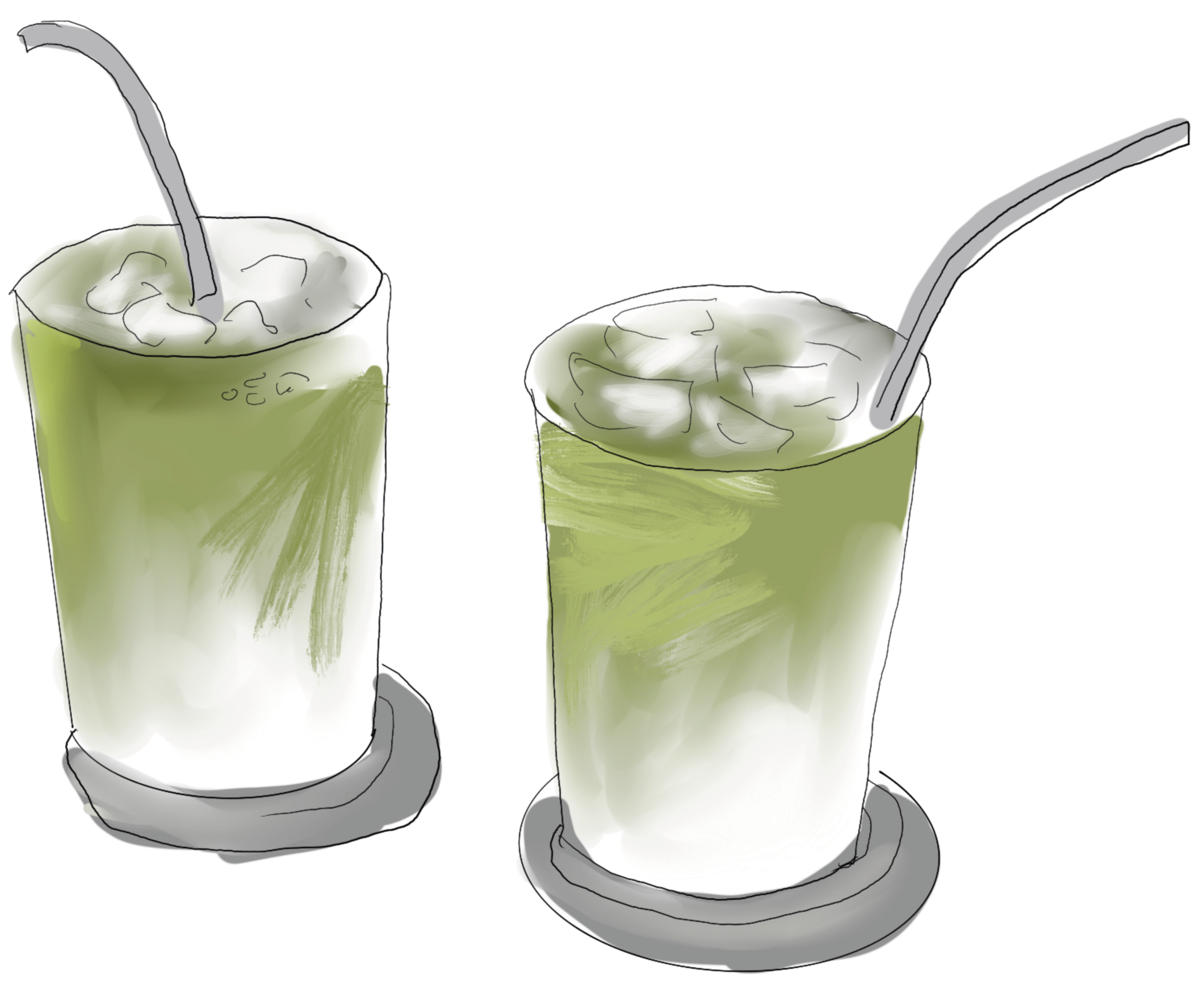 Illustration of two iced matcha lattes