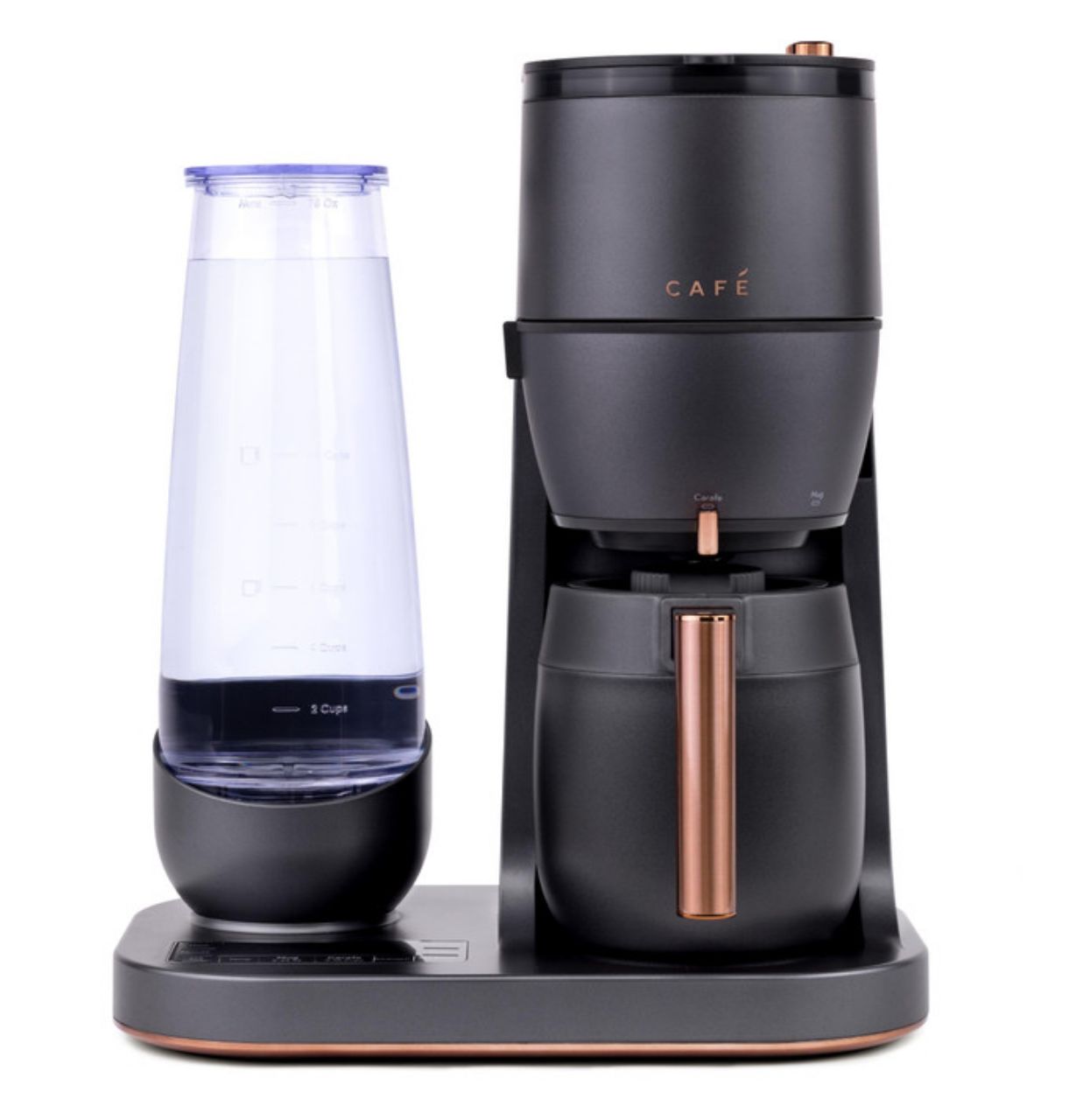 Coffee maker with a glass water reservoir and black base.