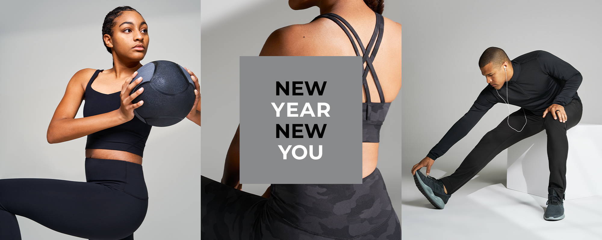 New Year New You. Tall woman and man wearing clothing from American Tall's Balance and Performance collection. 