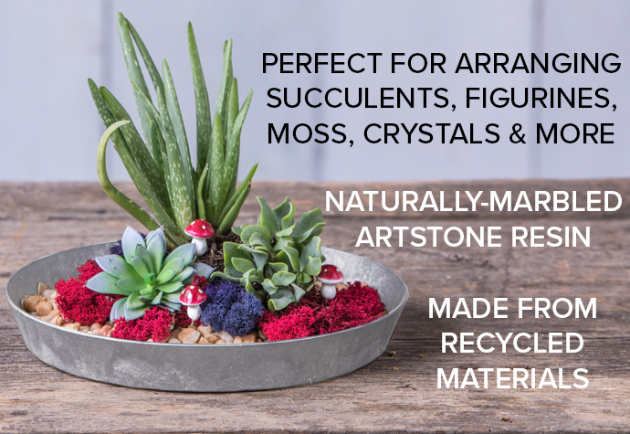 Napa Tray planter is perfect for arranging succulents, figurines, moss, crystals, and more. It's naturally-marbled artstone resin is made from recycled materials