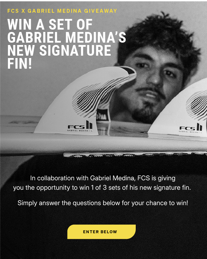 Promotional image for Gabriel Medina's signature fin giveaway by FCS.