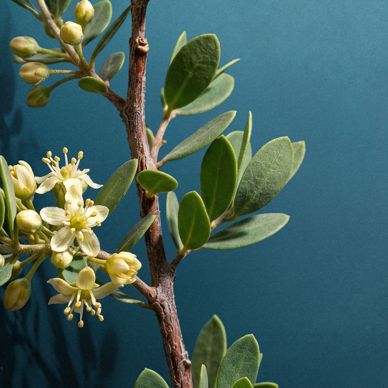 Branch with green leaves and small white flowers on a blue background.