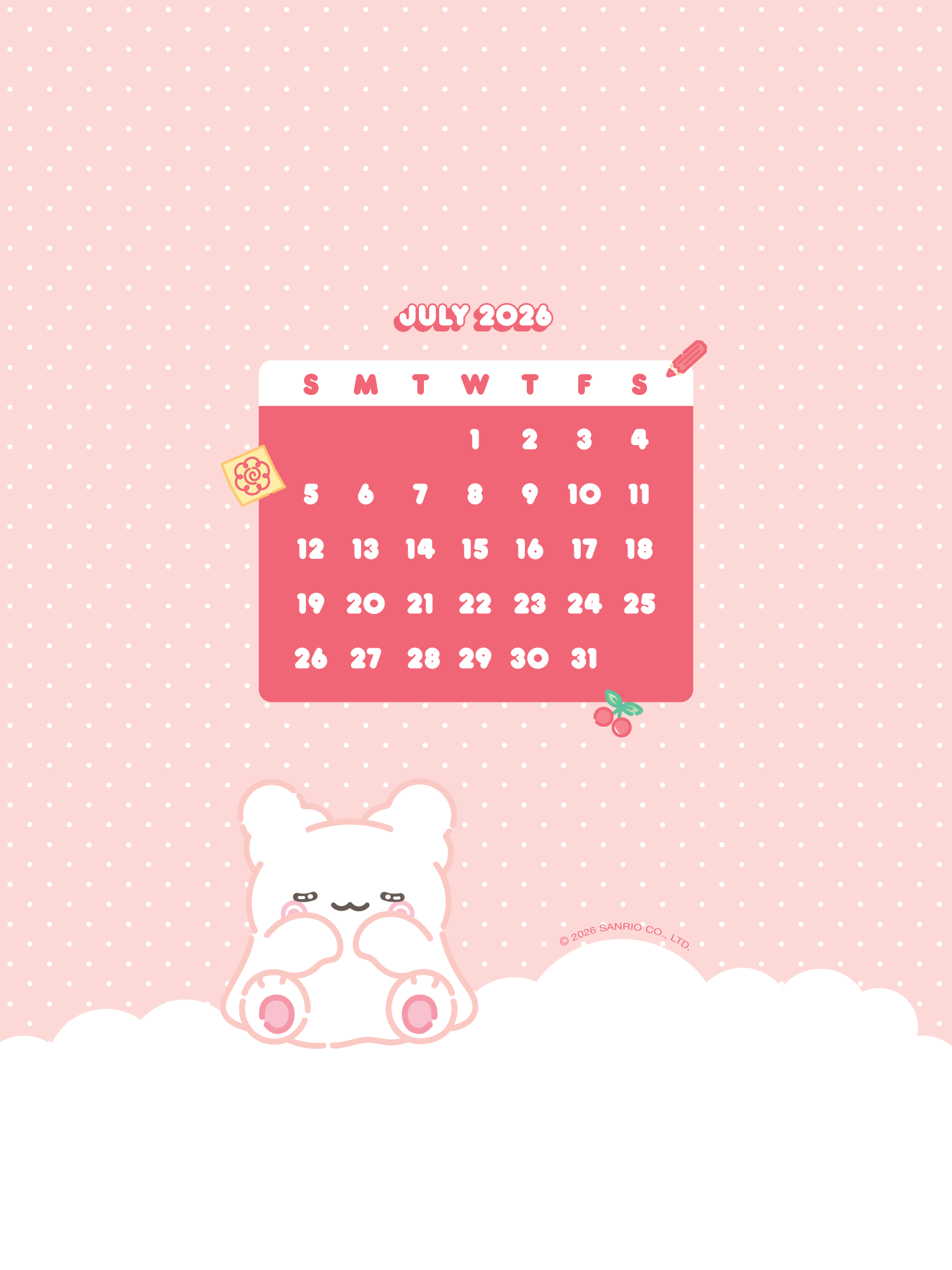 Calendar for July 2026 on a pink polka dot background with Hanamaruobake.