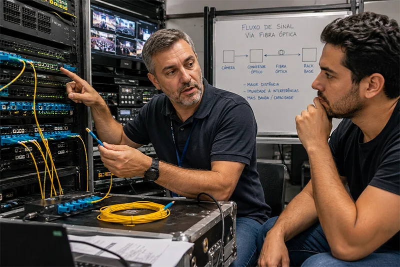 Engenheiro explica infraestrutura de fibra óptica para broadcast a um técnico em ambiente profissional.