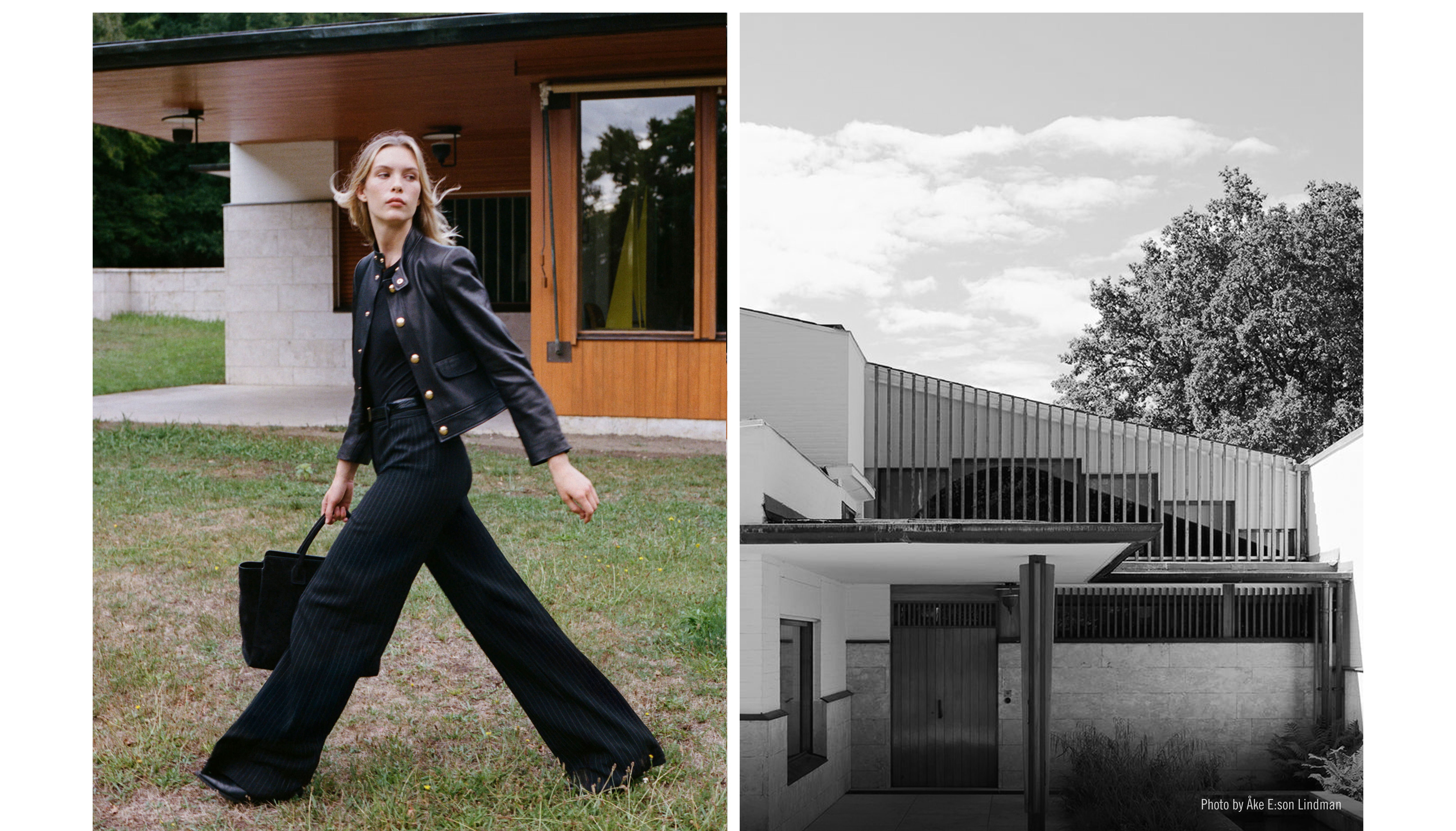 A woman in black attire walking beside a modern building.