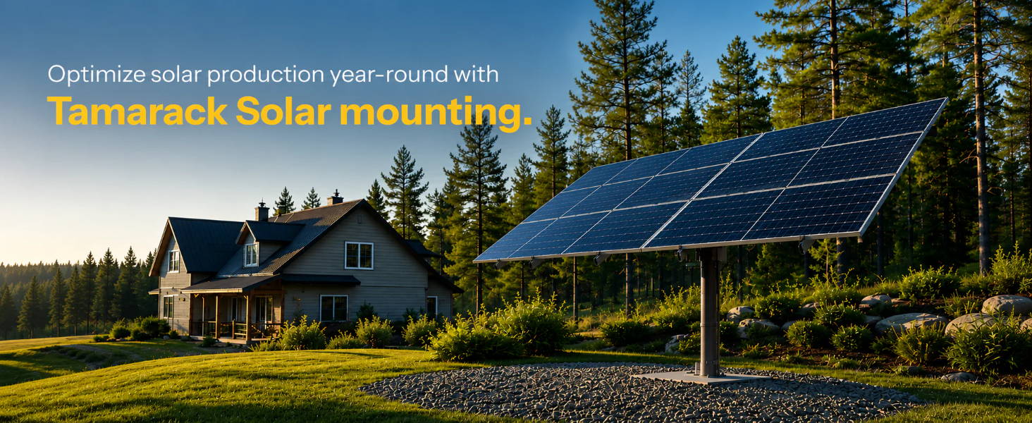 Solar panels beside a house in a forested area.