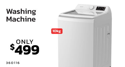 Washing machine advertisement with price and weight information.