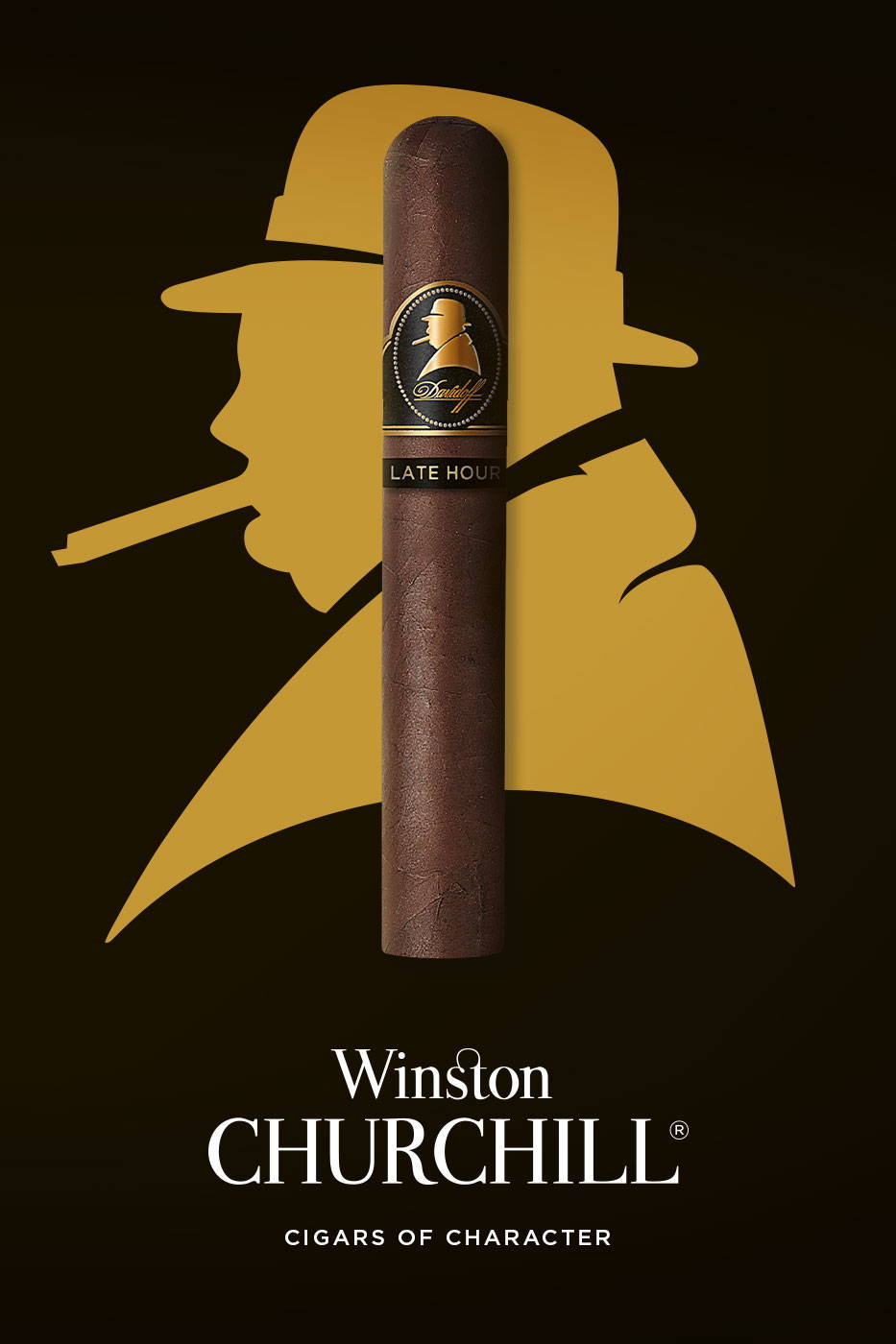 Schwarzer Banner mit Winston Churchills goldener Silhouette, vor der eine Davidoff Winston Churchill «The Late Hour Series»-Zigarre steht.